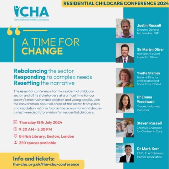 'A TIME FOR CHANGE' | CHA 2024 Conference Flyer with event details and speaker line-up. Taking place 18th July at the British Library, Euston, London. 